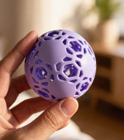 A hand squeezing a soft 3D-printed stress ball with flexible lattice design.