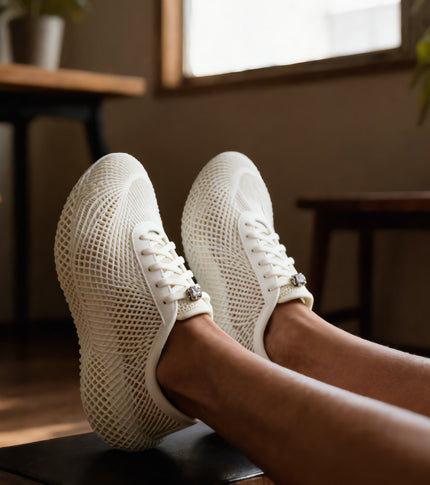 A person wearing modern 3D printed shoes while standing in a calm indoor space, natural light highlighting the structured sole design.