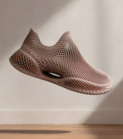 Single-piece 3D printed shoe floating in soft natural light with lattice structure.