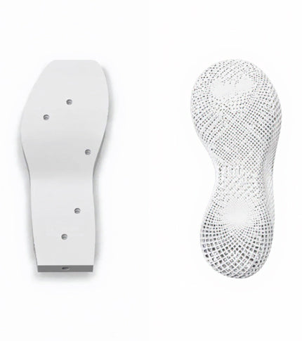 Comparison between honeycomb structure and non-porous material in Printmorrow 3D-printed shoes.